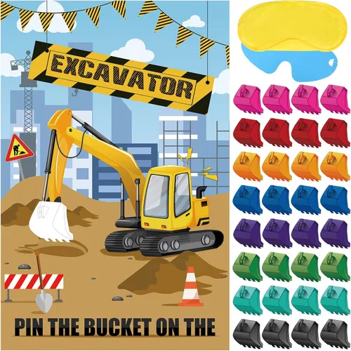Hooqict Pin The Bucket on The Excavator - Juegos de fiesta de construcción para niños, suministros de decoración de fiesta de construcción, póster