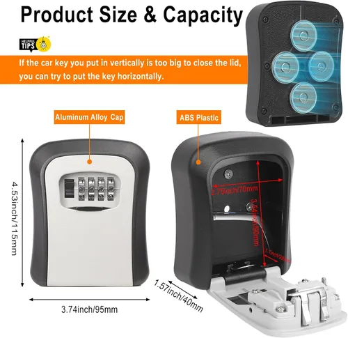 Miniatura 2 de Caja magnética para llaves debajo del automóvil, ocultar una llave, cerradura de combinación reajustable con 4 imanes fuertes, soporte magnético