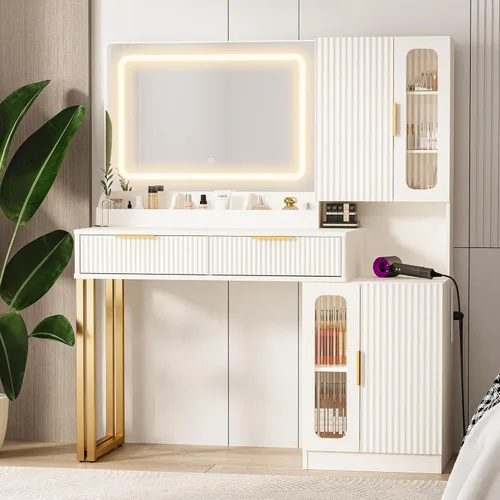 Miniatura 5 de Moderno escritorio de maquillaje de 45 pulgadas con espejo y luces, tocador de maquillaje con 5 estantes y 2 cajones y gabinete, mesa de tocador