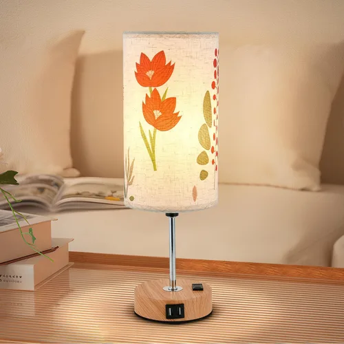 Miniatura 5 de Lámpara de mesa táctil de flores, lámparas de noche regulables de 3 vías con puerto USB y tomacorriente, bonita lámpara con base de grano de madera