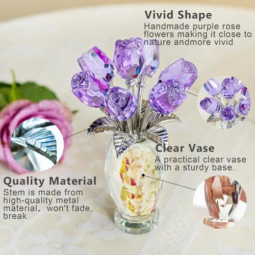 Miniatura 2 de H&D HYALINE & DORA Figura de Rosa de Cristal Flor Morada, Regalos de Rosa para Mamá Esposa Abuela, Adorno Coleccionable de Flor de Cristal Día