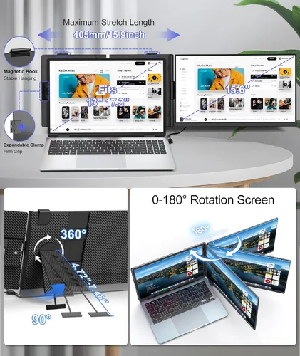Miniatura 5 de ZUMWALT Extensor de pantalla para laptop de 15.6 pulgadas, extensor de monitor de portátil desmontable FHD de 1080P, monitor dual para Laotop