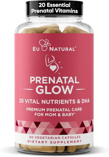 Glow Vitaminas prenatales + folato & DHA – Multivitamínico para nutrir el embarazo, para bebés y mamá saludables – Ácido fólico, jengibre, zinc,