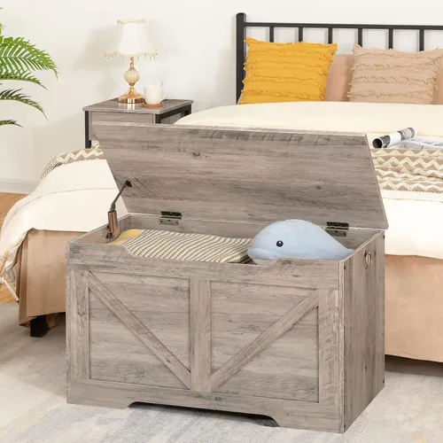 Miniatura 6 de HOOBRO Banco de almacenamiento, baúl de almacenamiento de madera retro de 29.5 pulgadas con tirador recortado en forma de U, bisagra de seguridad