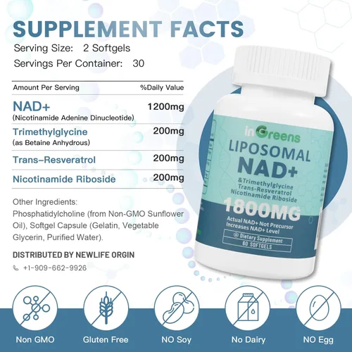 Miniatura 2 de inGreens Suplemento liposomal NAD+ de 1800 mg con ribósido de nicotinamida, resveratrol trans, trimetilglicina, reemplaza a NMN, aumenta NAD +