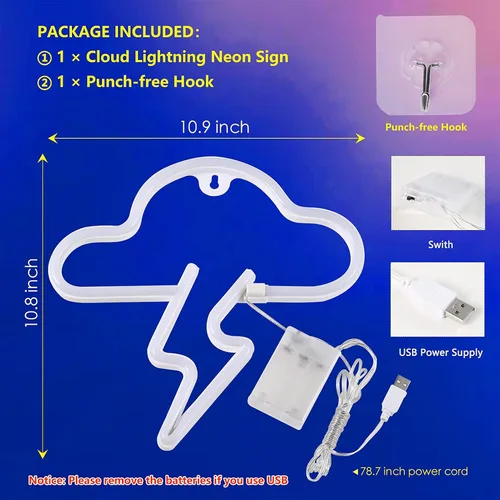 Miniatura 2 de Letrero de neón LED de nube y relámpagos para decoración de pared, luz de neón colgante con batería o USB, luces de neón para dormitorio, estética