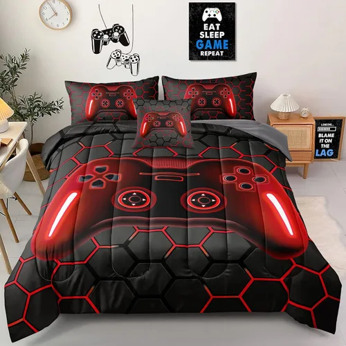 Juego de ropa de cama gaming de 5 piezas tamaño twin para niños, juego de edredón gamer para niños, niñas, adolescentes, 5 piezas de ropa de cama en