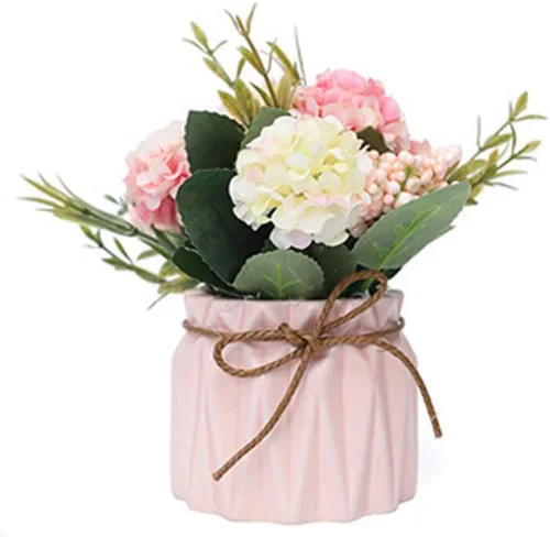 Miniatura 5 de Hortensias falsas con maceta, mini hortensias artificiales en jarrón de cerámica para decoración de escritorio de oficina (azul)