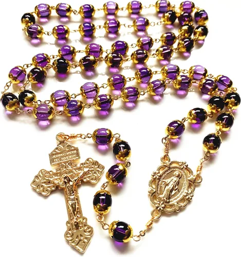 elegantmedical HECHO A MANO ORO NATURAL 8MM AMATISTA CUENTAS ROSARIO CRUZ CATÓLICO COLLAR CAJA DE REGALO, Cristal