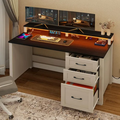 Miniatura 5 de Vabches 47" Farmhouse Executive Desk with Monitor Stand & File Cabinet,3 Drawers Computer Desk with LED Lights and Power Outlets,Workstation for