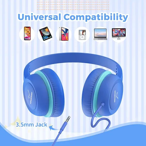 Miniatura 4 de vinamass Auriculares para niños, auriculares con cable para niños con limitador de volumen seguro, auriculares para niños con cable de 0.138 in azul