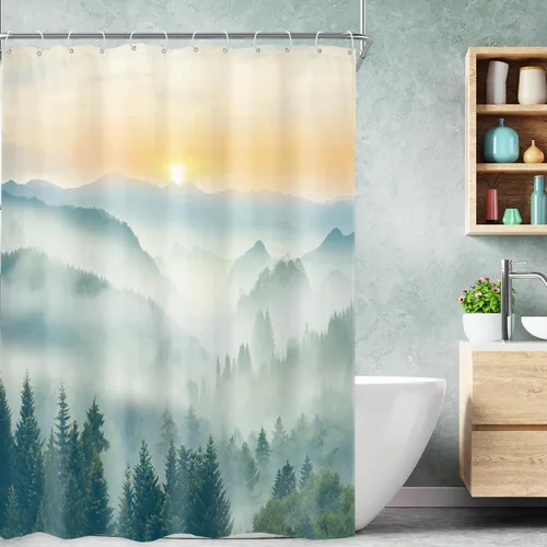 Miniatura 10 de Riyidecor - Cortina de ducha para baño pequeño de montaña, 36 pulgadas de ancho x 72 pulgadas de alto, verde, para RV, temática rústica, naturaleza