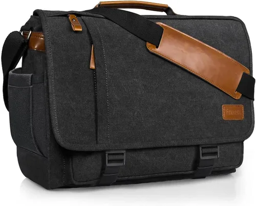 Miniatura 15 de ESTARER Bolsa de mensajero para laptop de 13 a 14 pulgadas, resistente al agua, bolsa de hombro de lona para universidad de negocios, gris