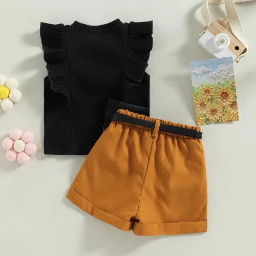 Miniatura 191 de TheFound Trajes de verano para niñas pequeñas, sin mangas, de punto acanalado, halter, pantalones cortos, ropa para recién nacidos, conjunto de 3