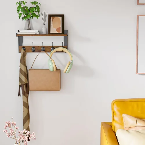 Miniatura 7 de Ganchos de pared con estante, perchero de madera con estante montado en la pared, estantes colgantes de entrada con 5 ganchos de metal para ropa