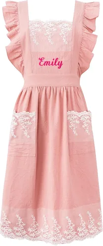 Delantal vintage para mujer con bolsillos, delantales de chef personalizados con nombre para cocina, cocción, hornear, jardinería Rosa (pink lace)