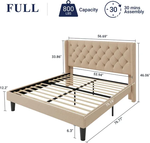 Miniatura 2 de Allewie Base de cama de tamaño matrimonial con cabecera copetuda con botones en la parte trasera, marco de cama tapizado moderno con soporte