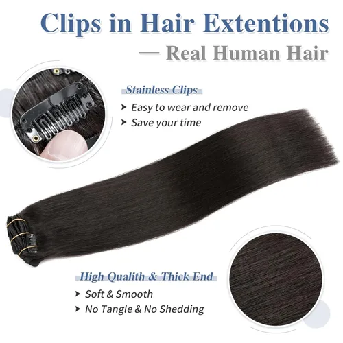 Miniatura 2 de S-noilite - Extensiones de cabello humano real con clip, color negro natural #1B, doble trama, 16 pulgadas, balayage, lacio, 7 unidades, 4.23 oz