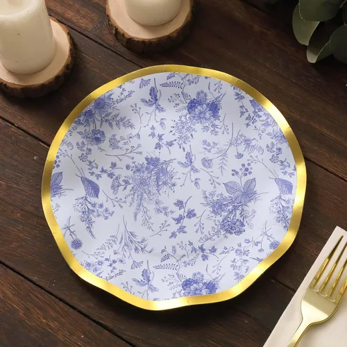 Miniatura 6 de Efavormart - Paquete de 25 platos de postre de papel chino chino azul y blanco con borde ondulado dorado de 11.32 oz/m² para recepciones y fiestas