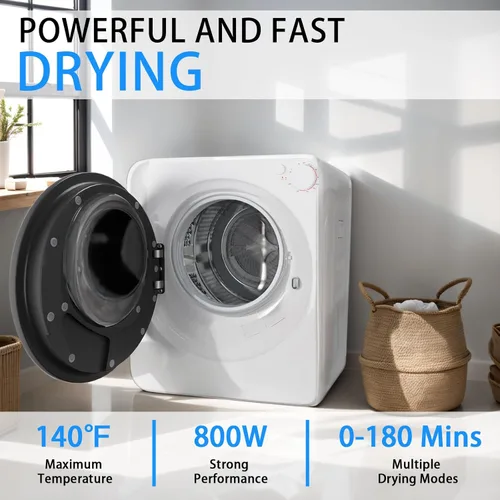 Miniatura 3 de Secadora de ropa portátil de 1.6 pies cúbicos, secadora de lavandería de carga frontal de secado rápido de 800W con 5 modos, mini secadora eléctrica