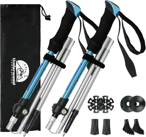 Bastones de senderismo plegables – Paquete de 2 bastones de senderismo de aluminio, bastones ligeros para personas mayores, hombres, mujeres, Azul
