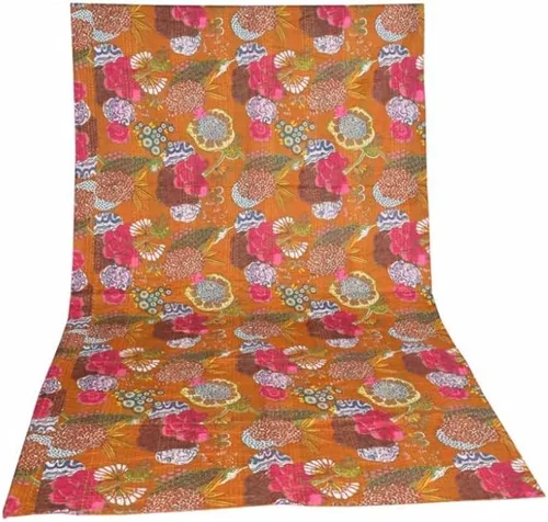 Miniatura 30 de Sophia-Art Colcha reversible de frutas indias para cama individual/king con patrón Gudri de algodón puro estilo Kantha, colcha decorativa con Rosa