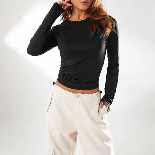 Miniatura 3 de Camiseta básica sexy para mujer, cuello redondo, manga larga, ajustada, color liso, ropa de calle