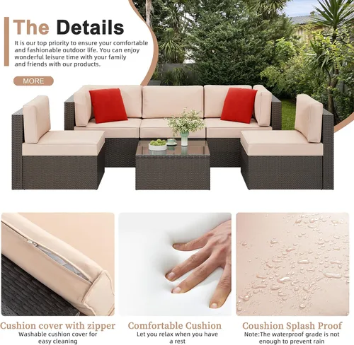 Miniatura 4 de Shintenchi Juego de muebles de patio de 6 piezas para exteriores para todo tipo de clima, juego de sofá seccional de ratán de polietileno, juego