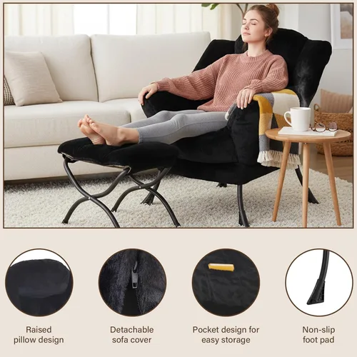 Miniatura 4 de Welnow - Silla perezosa con otomana, moderna silla de descanso con reposabrazos y bolsillo lateral, sillón de sofá tapizado de ocio, sillón de Negro