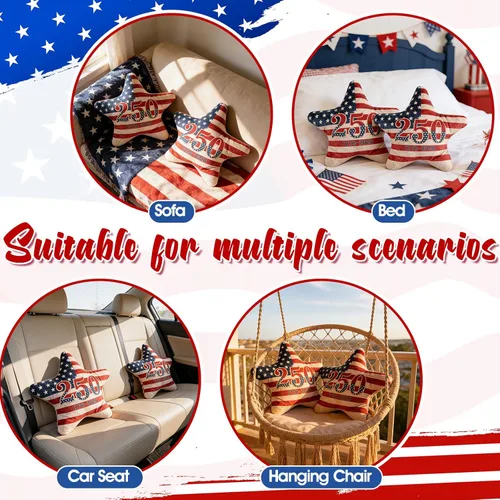 Miniatura 6 de 2Pcs 4th of July Patriotic Throw Pillows, 250th Anniversary USA American Flag Star Shape Pillow, Hypoallergenic Plush Stuffed Pillow for Couch Home