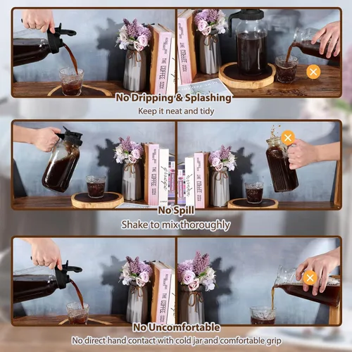 Miniatura 5 de Glyntrof Jarra de Café de Infusión Fría, Jarra de Vidrio de Boca Ancha de 64 Oz de Alta Resistencia en Negro con Válvula de Vaciado y Tapa de Acero