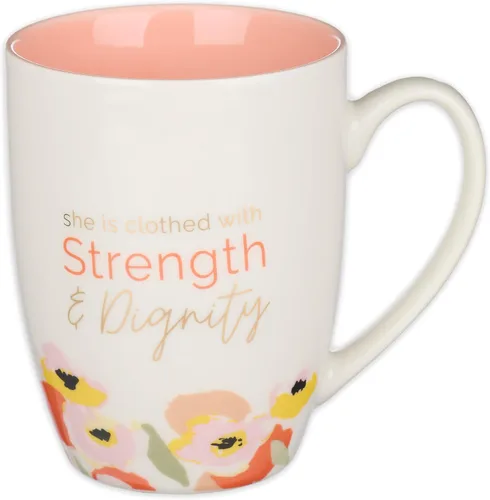 Christian Art Gifts Taza de café y té de cerámica motivacional para mujer: fuerza y dignidad, Proverbios 31:25, versículo bíblico, novedad