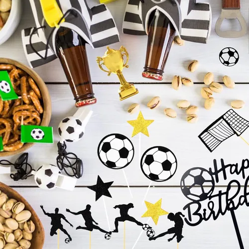Miniatura 4 de 28 piezas Decoración de pastel de fútbol con jugador de fútbol de pelota de fútbol para fiesta de cumpleaños de fútbol, suministros de fiesta