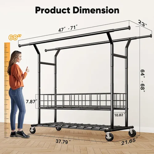 Miniatura 7 de HOKEEPER Perchero resistente con carga de 635 libras, perchero para colgar ropa, barra doble ajustable negra con cesta de metal, perchero portátil