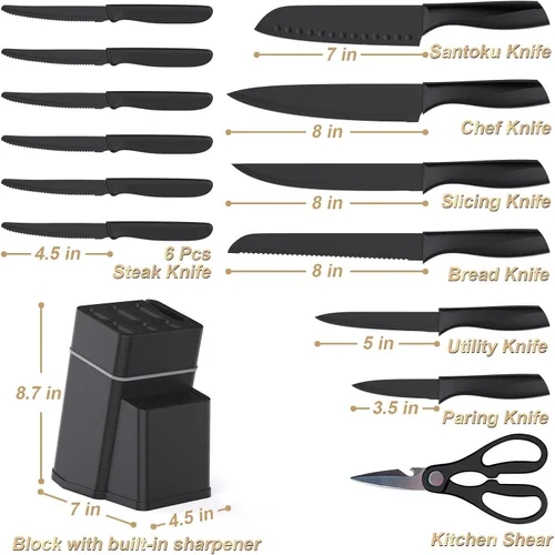 Miniatura 2 de Juego de cuchillos de cocina con bloque, juego de cuchillos de 15 piezas con afilador integrado, apto para lavavajillas, cuchillas de acero