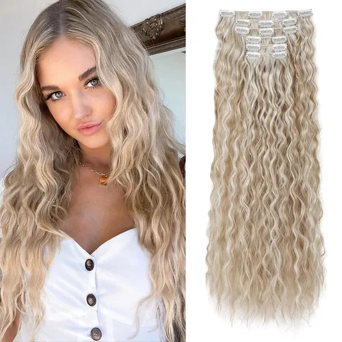 Miniatura 12 de Flufymooz - Extensiones de cabello con clip, 6 unidades, extensiones de cabello largas con ondas de sirena, sintético, postizo para mujer, 24 Marrón