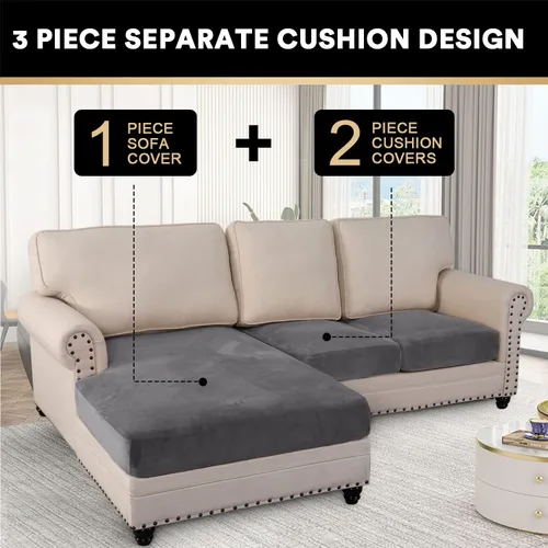 Miniatura 3 de Fundas de cojín de terciopelo elástico de 3 piezas para sofá en forma de L, funda de diván, protector de muebles para sofá seccional Negro