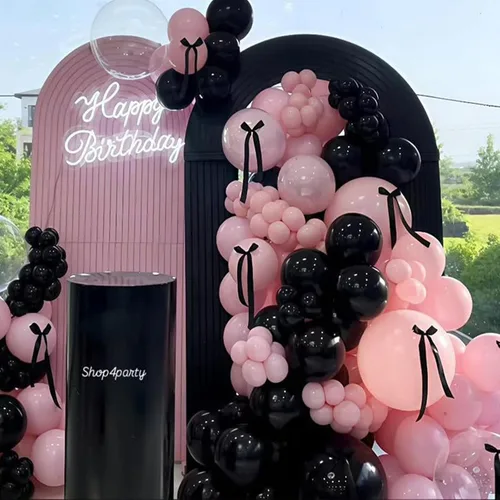 Miniatura 7 de Kit de arco de globos de color negro, rosa y dorado, 134 piezas de 18/12/10/5 pulgadas, guirnalda de globos dorados de chorme negro pastel rosa