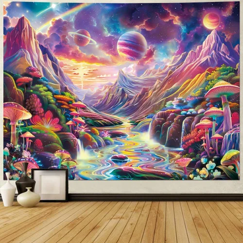 Miniatura 2 de Lahasbja Blacklight Galaxy Planet Tapiz UV Reactive Hongo Colgante de Pared Fantasía Estrellas Estrelladas Paisaje Montaña Paisaje Luz Negra Póster