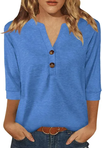 Miniatura 14 de Dimur Camisetas de manga 3/4 con cuello en V y botones para mujer, traje casual de negocios, camiseta básica de verano 2025