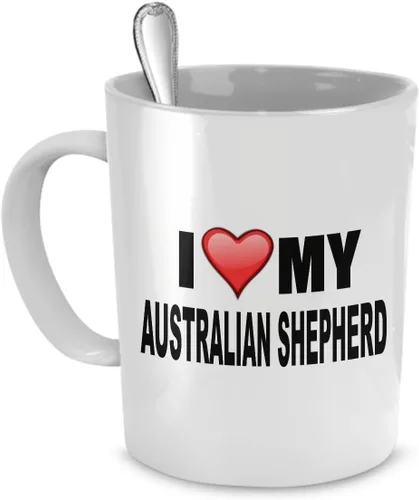 DogsMakeMeHappy Taza de pastor australiano con texto en inglés "I Love My Australian Shepherd", regalos para amantes del pastor australiano