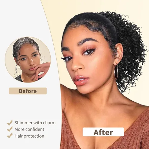 Miniatura 7 de Cola de caballo de cabello humano con cordón para mujeres negras, extensión de cabello humano rizado 4C, 8 pulgadas, aspecto natural, añade volumen