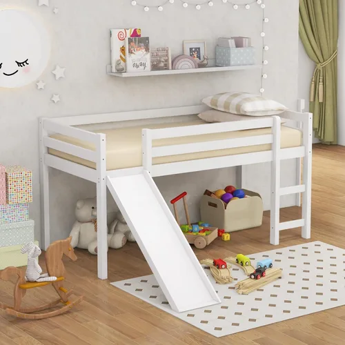 Miniatura 7 de DORTALA Cama alta individual con tobogán, marco de cama individual para niños, niños pequeños, jóvenes, cama baja con tobogán, escalera, rieles