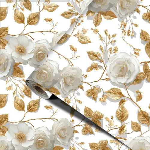 Elegante papel tapiz floral para despegar y pegar, flor blanca, hoja dorada, decoración del hogar, día de San Valentín, papel de contacto para el