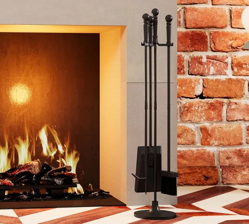 Miniatura 6 de Juego de herramientas para chimenea Fire Beauty de 4 piezas en hierro forjado negro para interiores/exteriores incluye atizador, pala, cepillo