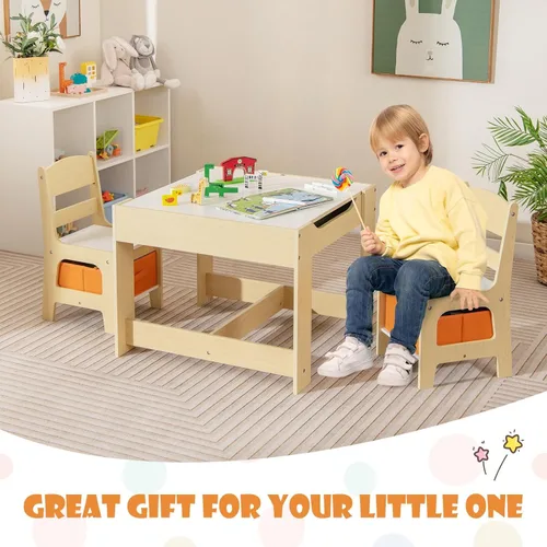Miniatura 9 de HONEY JOY Mesa y sillas para niños, juego de actividades de madera 3 en 1 con almacenamiento, mesa desmontable, para arte, manualidades, dibujo
