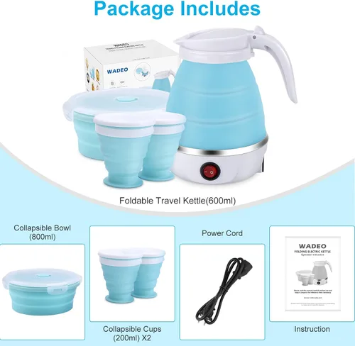 Miniatura 7 de Hervidor Eléctrico Portátil de Tamaño de Viaje, 600ML Pequeño Plegable para Té y Café con Tazón y Tazas Colapsables, 5 Minutos de Agua en Ebullición