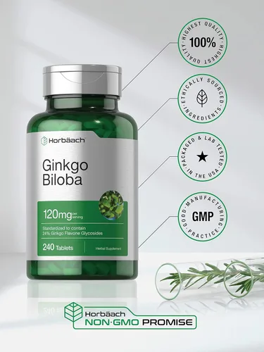 Miniatura 5 de Horbäach Ginkgo Biloba Suplemento 120 mg 240 tabletas Extracto de hierbas estandarizado con glucósidos de flavona Vegetariano, sin OMG y sin