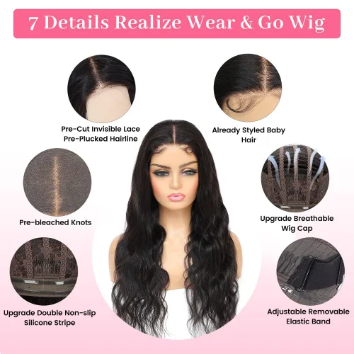 Miniatura 4 de Junoda Pelucas de cabello humano sin pegamento, precortadas 4x4 HD, encaje frontal, pelucas preblanqueadas con nudos pequeños, onduladas