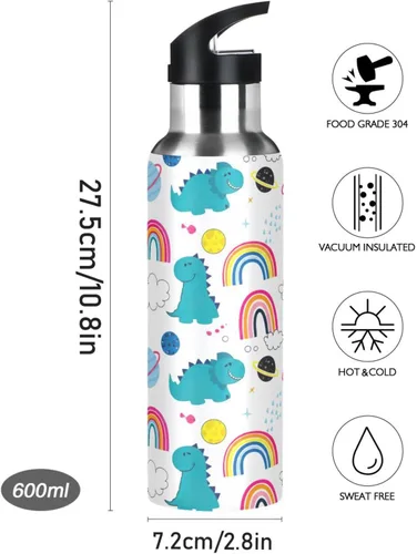 Miniatura 9 de Insulated Stainless Steel Water Bottle with Straw 20 Oz, Leakproof Water Bottles for Gym Outdoor Travel School, Cute Dinosaurs Rainbows White